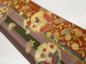 縞に雪輪・蝶・花々模様織出し袋帯